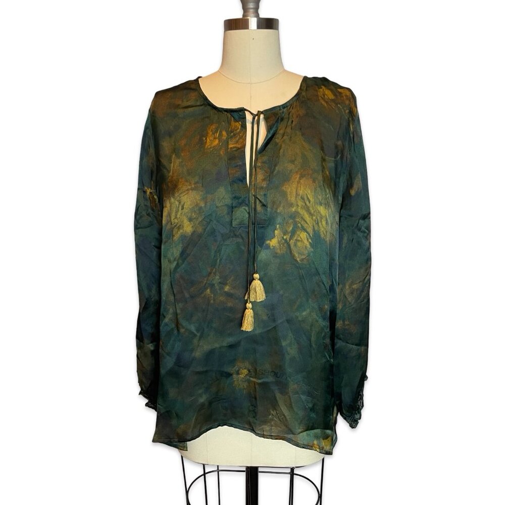 Johnny Was Workshop 100% Silk Boho Peasant Blouse Green Blue Tassel Top L